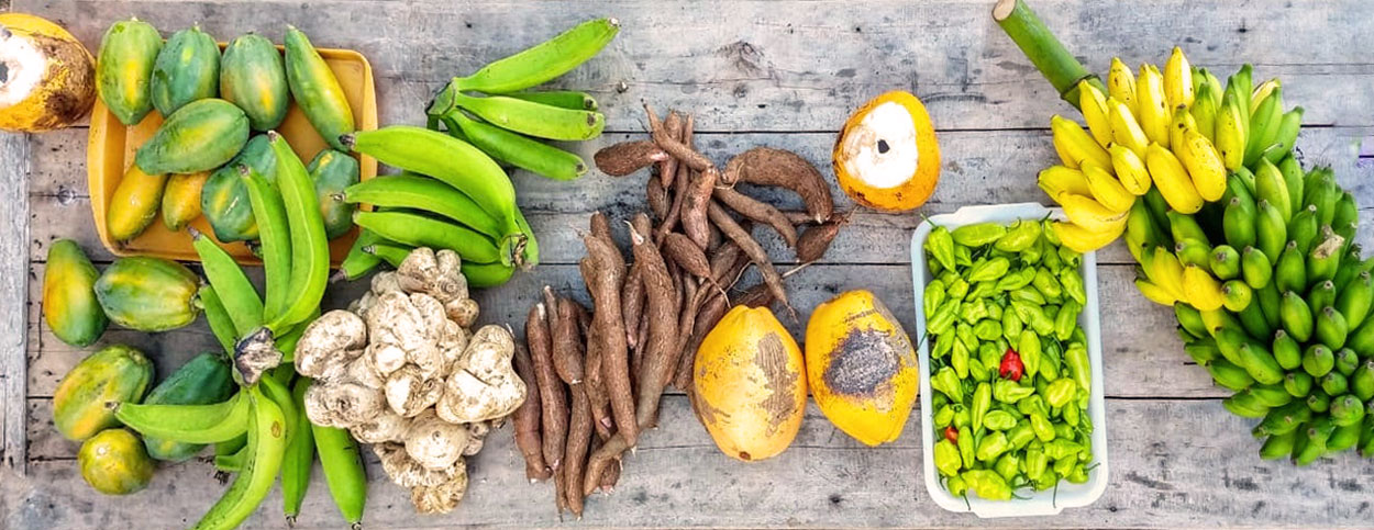 Vista aérea de mesa com alimentos in natura, nativos da Amazônia