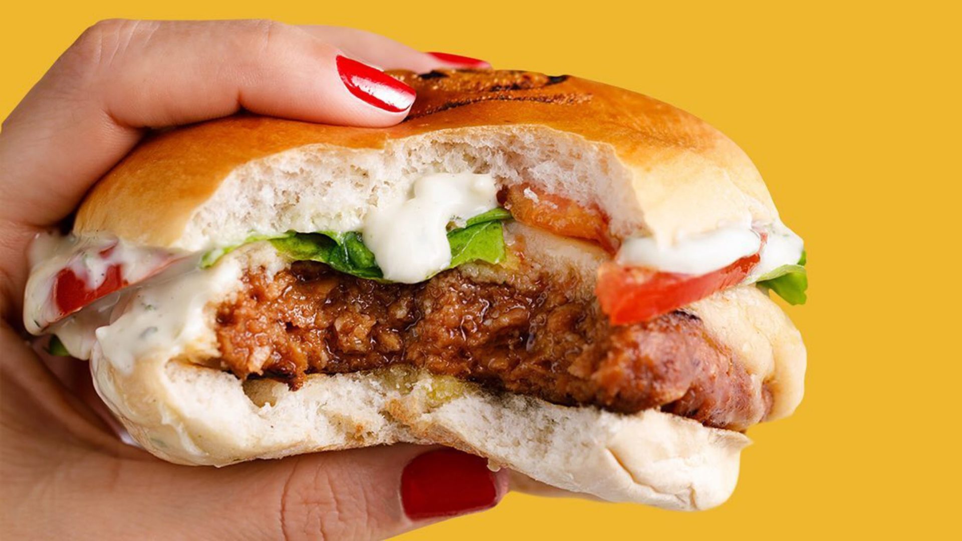 Mão segurando sanduíche de hamburguer vegetal: Burguer do Futuro, da LC Futuro, produto da parceria entre a Fazenda Futuro e a Lanchonete da Cidade / Foto: LC Futuro (divulgação)