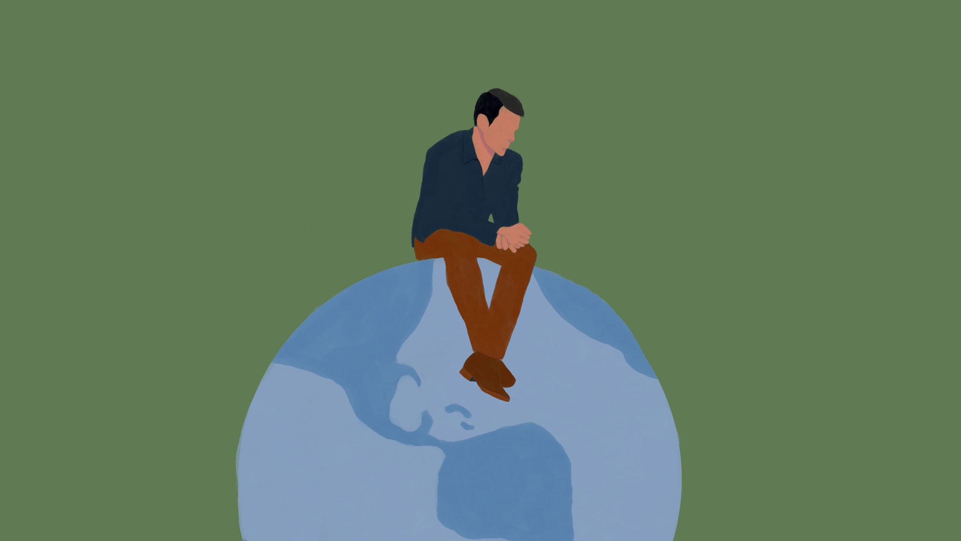 Ilustração com um homem branco sentado sobre o mundo