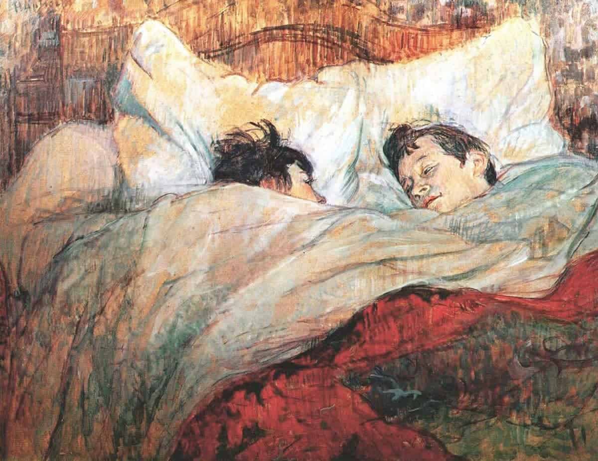 Pintura com casal deitado na cama