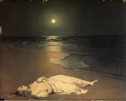 Pintura com mulher deitada em uma praia com a Lua